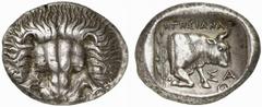 ISLANDS off IONIA, Samos. Circa 408/4-380/66 BC. Tetradrachm (Silver, 15.29 g 6), circa 390. Lion’s mask facing Rev. ΗΓΗΣΙΑΝΑΞ / ΣΑ Forepart of an ox to right, wearing an ornamental collar and with do