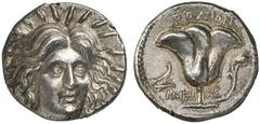 ISLANDS off CARIA, Rhodos. Rhodes. Circa 229-205 BC. Tetradrachm (Silver, 13.71 g 12), Ameinias. Radiate head of Helios facing, turned slightly to right Rev. ΡΟΔΙΟΝ Rose with bud to right; to left, pr