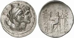 SELEUKID KINGS of SYRIA. Alexander I Balas, with Cleopatra Thea. 152-145 BC. Tetradrachm (Silver, 16.81 g 12), Ake-Ptolemais, 150 BC. Diademed and veiled bust of Cleopatra Thea, as Tyche, wearing pend