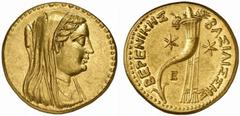 PTOLEMAIC KINGS of EGYPT. Berenike II, wife of Ptolemy III. Circa 244/3-221 BC. Pentadrachm (Gold, 21.49 g 12), after c. 241. Veiled bust of Berenike II to right, wearing ornate necklace Rev. ΒΑΣΙΛΙΣΣ