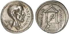P. Cornelius Lentulus Marcellinus. 50 BC. Denarius (Silver, 3.98 g 7). MARCELLINVS Bare head to right of M. Claudius Marcellus, consul in 222; behind, triskeles Rev. MARCELLVS COS.QVINQ M. Claudius Ma