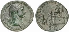 Trajan. 98-117. Sestertius (Orichalcum, 22.00 g 6), 116. IMP CAES NER TRAIANO OPTIMO AVG GER DAC PARTHICO P M TR P COS VI P P Laureate and draped bust of Trajan to right Rev. REX PARTHIS DATVS / S C T