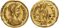 Honorius. 393-423. Solidus (Gold, 4.48 g 1), Ravenna, 408-423. D N HONORIVS P F AVG Bearded, draped and cuirassed bust of Honorius to right, wearing diademed helmet ornamented with stars Rev. VICTORIA