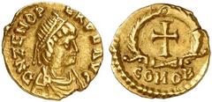 Zeno. First reign, 474-475. Tremissis (Gold, 1.43 g 5), Rome, struck by Julius Nepos, November 474 - January 475. D N ZENO PERP F AVG Diademed, draped and cuirassed bust of Zeno to right Rev. COMOB Cr