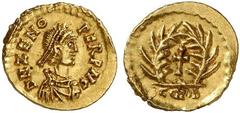 Zeno. 474-475/476-491. Tremissis (Gold, 1.47 g 6), Milan, 474-475/476-493. D N ZENO PERP AVC Diademed, draped and cuirassed bust right Rev. Cross within wreath; below, CONOB. Depeyrot 43/8. Lacam pl. 