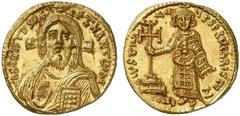 Justinian II. First reign, 685-695. Solidus (Gold, 4.03 g 6), Constantinople, 692-695. IhS CRISTDS REX REGNANTIuM Draped bust of Christ facing, with long hair and full beard, raising right hand in ben