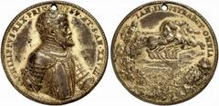 SPAIN. Philip II. 1556-1598. Medal (Bronze, 66mm, 117.36 g 12), contemporary cast with remains of gilding, by Jacopo da Trezzo, 1555. PHILIPPVS.REX.PRIN HISP.ÆT.S.AN.XXVIII Bare-headed and armored bus