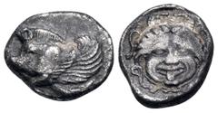 Greek IONIA. Klazomenai. Circa 480-400 BC. Hemidrachm (Silver, 12 mm, 1.74 g, 9 h). Forepart of winged boar left. Rev. Gorgoneion facing. Cf. SNG Copenhagen 12 (diobol, boar right). Cf. SNG von Aulock
