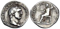 Roman Imperial Vitellius, 69. Denarius (Silver, 18 mm, 3.28 g, 7 h), Rome. A VITELLIVS GERMAN IMP TR P Laureate head of Vitellius to right. Rev. IVPPITER VICTOR Jupiter seated left, holding Victory in