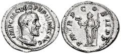 Roman Imperial Pupienus, 238. Denarius (Silver, 21 mm, 2.72 g, 6 h), Rome. IMP C M CLOD PVPIENVS AVG Laureate, draped and cuirassed bust of Pupienus to right. Rev. P M TR P COS II P P Felicitas standi