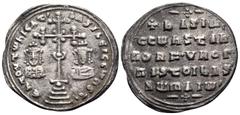Byzantine Basil II Bulgaroktonos, with Constantine VIII, 976-1025. Miliaresion (Silver, 23 mm, 2.65 g, 6 h), Constantinople, 977-989. En TOVTω nICA T' bASILEI C CωnST' Patriarchal cross crosslet, with