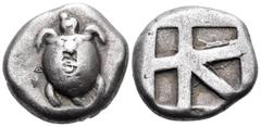 Greek ISLANDS OFF ATTICA, Aegina. Circa 470/65-445/40 BC. Stater (Silver, 21 mm, 12.21 g). T-back sea turtle; two bankers' marks on shell, another in the field to left. Rev. Square incuse with large s