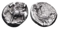 Greek TROAS. Dardanos (?). 4th century BC. Hemiobol (Silver, 6.5 mm, 0.29 g, 12 h). Horseman riding to left. Rev. Cock standing left within shallow incuse square. Cf. SNG Ashmolean 1120 (obol). Cf. SN