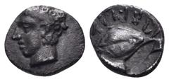 Greek LYDIA. Uncertain. Ifes (?), Circa 400-380 BC. Hemiobol (Silver, 8 mm, 0.39 g, 6 h). Youthful male head to left. Rev. 𐤦𐤡𐤱𐤤𐤩𐤦𐤪 ('ibfelim' in Lydian) Grain of wheat. M. Egetmeyer: Eine neue 