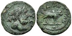 Roman Provincial LYDIA. Tralles. Pseudo-autonomous issue, 2nd-3rd centuries. (Bronze, 18 mm, 2.89 g, 7 h). ZE-YC Laureate bust of Zeus to right. Rev. TPAΛΛΙΑΝΩΝ Humped bull standing right; in exergue,