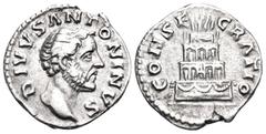 Roman Imperial Divus Antoninus Pius, died 161. Denarius (Silver, 17 mm, 3.42 g, 6 h), consecration issue struck under Marcus Aurelius and Lucius Verus, Rome, 161. DIVVS ANTONINVS Bare head of Antoninu