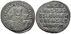 Byzantine Basil I the Macedonian, with Constantine and Leo VI, 867-886. Follis (Bronze, 27.5 mm, 7.16 g, 6 h), Constantinople, 870-879. + LEOh bASIL' S COnST AЧςς' Crowned half-length figures of Basil