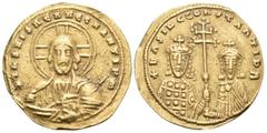 Byzantine Basil II Bulgaroktonos, with Constantine VIII, 976-1025. Histamenon nomisma (Gold, 23 mm, 4.12 g, 7 h), Constantinople, 989-1001. +IhS XIS REX REGNANTIhM Bust of Christ Pantocrator facing, w