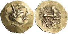 Celtic CELTIC, Northwest Gaul. Namnetes. Circa 150-100 BC. Stater (Electrum, 25 mm, 7.27 g, 3 h), from the area of Nantes. Male head to right, hair arranged in large locks with a beaded cord around. R