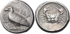 Greek SICILY. Akragas. Circa 465/4-446 BC. Tetradrachm (Silver, 25.0 mm, 17.27 g, 10 h). AKRAC - ANTOΣ (partially retrograde) Eagle standing to left on an Ionic column capital with volutes to left and