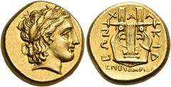 Greek MACEDON, Chalkidian League. Olynthos. Circa 352-350 BC. Stater (Gold, 16 mm, 8.47 g, 6 h), under the magistrate Eudoridas. Laureate head of Apollo to right, his hair falling down the back of his
