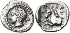 Greek THESSALY. Trikka. Circa 440-400 BC. Hemiobol (Silver, 10 mm, 0.42 g, 7 h), struck under the magistrate Euph.... EY Youthful male head to left. Rev. ΤΡ - ΙΚ-K Forepart of horse to left; all withi