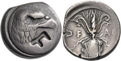 Greek ELIS. Olympia. 95th Olympiad, 400 BC. Stater (Silver, 22 mm, 12.04 g, 4 h). Eagle's head and neck to right on round shield with raised rim; below, large incuse F. Rev. F - A Thunderbolt, with vo