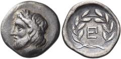 The Maleatas Collection of Epidauros ARGOLIS. Epidauros. Circa 290s/280s-270s BC. Hemidrachm (Silver, 16.5 mm, 2.60 g, 9 h). Laureate and bearded head of Asklepios to left. Rev. Monogram of EΠ within 