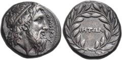 Greek CYCLADES, Ios. Circa 325-300 BC. Didrachm (Silver, 19 mm, 6.20 g, 9 h). ΟΜΗΡΟΥ Bearded head of Homer to right, wearing a simple taenia. Rev. ΙΗΤΩΝ within a laurel wreath tied at the bottom. Kraa