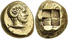 Greek MYSIA. Kyzikos. Circa 425-400 BC. Stater (Electrum, 19 mm, 16.04 g). Head of Zeus-Ammon to right with a ram's ear and horn; below, tunny right. Rev. Quadripartite incuse square. BMFA 1520. Gulbe