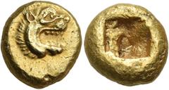 Greek IONIA. Uncertain mint, perhaps Smyrna. Circa 600-550 BC. Hemistater (Electrum, 16 mm, 8.38 g), Phokaic standard. Head of a roaring lion to right, his jaws open wide. Rev. Slightly irregular incu
