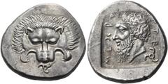 Greek DYNASTS OF LYCIA. Mithrapata, circa 390-370 BC. Stater (Silver, 24 mm, 9.85 g, 4 h), uncertain mint. Lion's scalp facing; below snout, triskeles to left. Rev. 𐊎𐊆𐊉𐊕𐊀-𐊓𐊀𐊗𐊀 Bearded head of