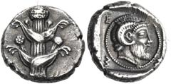 Greek KYRENAICA. Euhesperides. Circa 450 BC. Drachm (Silver, 14.5 mm, 3.38 g). Silphium plant with two pairs of leaves and five umbels. Rev. Ε - Υ - Ε - Σ Within a dotted circle, head of bearded Zeus-