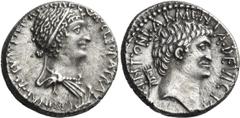 Roman Republican & Imperatorial Mark Antony and Cleopatra, 34 BC. Denarius (Silver, 17 mm, 4.05 g, 1 h), Alexandria. CLEOPATRAI - REGINAE REGVM FILIORVM REGVM Draped bust of Cleopatra to right, wearin