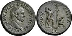 Roman Imperial & Provincial Vespasian, 69-79. Sestertius (Orichalcum, 34.5 mm, 30.40 g, 7 h), Judaea Capta issue, Rome, 71. IMP CAES VESPASIAN AVG P M TR P P P COS III Laureate head of Vespasian to ri