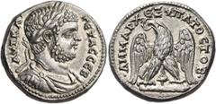 Roman Imperial & Provincial PHOENICIA. Tyre. Geta, 209-211. Tetradrachm (Silver, 26 mm, 14.75 g, 1 h). ΑVΤ ΚΑΙ - ΓΕΤΑC CΕΒ Laureate, bearded, draped and cuirassed bust of Geta to right, seen from the 
