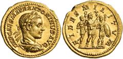 Roman Imperial & Provincial Elagabalus, 218-222. Aureus (Gold, 21 mm, 7.40 g, 12 h), Rome , 218-219. IMP CAES M AVR ANTONINVS AVG, Laureate, draped and cuirassed bust of Elagabalus to right. Rev. FIDE