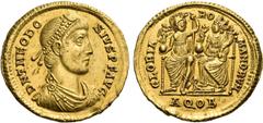 Roman Imperial & Provincial Theodosius I, 379-395. Medallion of 2 Solidi (Gold, 27 mm, 8.93 g, 12 h), Aquileia, c. 379. DN THEODO - SIVS P F AVG Pearl-diademed, draped and cuirassed bust of Theodosius