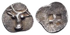 Greek MACEDON. Dikaia. Circa 500-465 BC. Hemiobol (Silver, 8 mm, 0.29 g). ΔΙ Bull's protome to left, head facing. Rev. Quadripartite incuse square. Rosen 182. SNG ANS 1006. SNG Tübingen 2648. Attracti