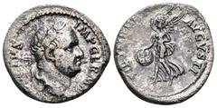 Roman Imperial Vitellius, 69. Denarius (Silver, 19 mm, 3.42 g, 8 h), Lugdunum. A VITELLIVS IMP GERMAN Laureate head of Vitellius to right. Rev. VICTORIA AVGVSTI Victory advancing left, holding shield 
