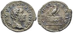 Roman Imperial Divus Antoninus Pius, died 161. Denarius (Silver, 20 mm, 2.94 g, 6 h), struck under Marcus Aurelius and Lucius Verus, Rome, 161. DIVVS ANTONINVS Bare head of the deified Antoninus Pius 