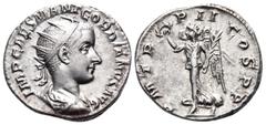 Roman Imperial Gordian III, 238-244. Antoninianus (Silver, 20 mm, 4.66 g, 6 h), Rome, 239. IMP CAES M ANT GORDIANVS AVG Radiate, draped and cuirassed bust of Gordian to right. Rev. P M TR P II COS P P