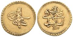 Ottoman Empire ISLAMIC, Ottoman Empire. Ahmad III, AH 1115-1143 / AD 1703-1730. Zeri Mahbub (Gold, 18 mm, 3.48 g, 11 h), Qustantiniya, AH 1115 = AD 1703. KM 173. Very fine.