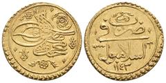 Ottoman Empire ISLAMIC, Ottoman Empire. Mahmud I, AH 1143-1168 / AD 1730-1754. Altin (Gold, 19 mm, 3.46 g, 11 h), Islambul, AH 1143 = AD 1730. KM 225. Minor weakness in the centers, otherwise, good ve