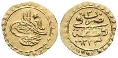 Ottoman Empire ISLAMIC, Ottoman Empire. Mahmud II, AH 1223-1255 / AD 1808-1839. 1/4 Altın (Gold, 15 mm, 0.79 g, 12 h), Qustantiniya, AH 1223 and regnal year 2 = 1810. KM 605 and 608. Softly lustrous. 