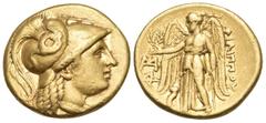 Greek KINGS OF MACEDON. Philip III Arrhidaios, 323-317 BC. Stater (Gold, 18 mm, 8.52 g, 6 h), Abydos, circa 318-317. Head of Athena to right, wearing pendant earring, necklace and crested Corinthian h