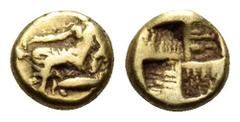 Greek MYSIA. Kyzikos. Circa 500-450 BC. 1/24 Stater (Electrum, 6 mm, 0.70 g). Dionysos seated left, holding kantharos in his right hand; below, tunny to left. Rev. Quadripartite incuse square. Hurter 