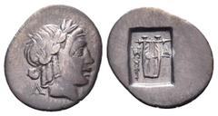 Greek LYCIA, Lycian League. Masikytes. Circa 128/7-19/8 BC. Hemidrachm (Silver, 18 mm, 1.62 g, 1 h). Λ-Υ Laureate head of Apollo to right. Rev. M-A Lyre; to left, winged kerykeion; all within incuse s
