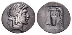 Greek LYCIA, Lycian League. Masikytes. 19/8 BC-AD 43. Hemidrachm (Silver, 15 mm, 1.31 g, 12 h). M-A Laureate head of Apollo to right, bow (?) over far shoulder. Rev. M-A Lyre; to right, aphlaston; all