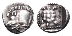 Greek DYNASTS OF LYCIA. Uncertain dynast, circa 500-470/60 BC. Obol (Silver, 9 mm, 0.78 g, 3 h). Forepart of a boar running to left. Rev. Tortoise with segmented carapace in dotted square border withi